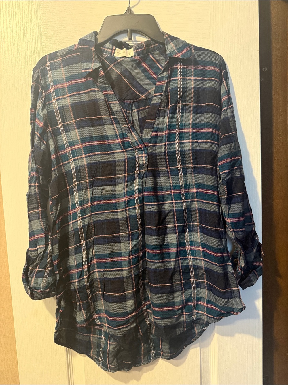 Maurices Navy Plaid Button-Down Shirt with Pink & Teal Stripes